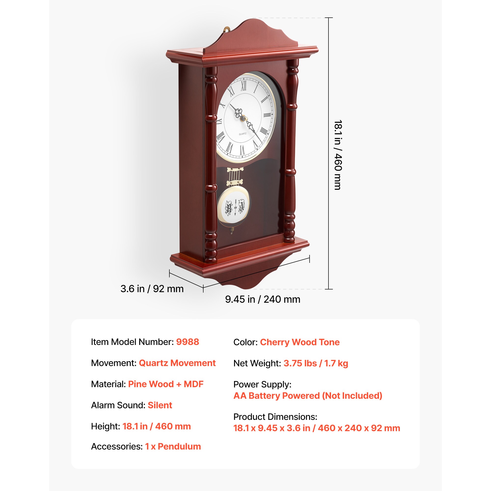 Grandfather Clock Vintage Pendulum Wall Clock 18 In With Quartz Movement_voghion.com